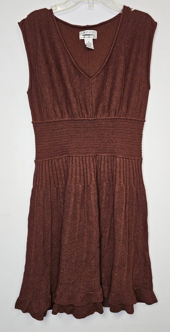 Max Studio Specialty Products Womens Brown V-neck A-line Knit Dress-Size Medium